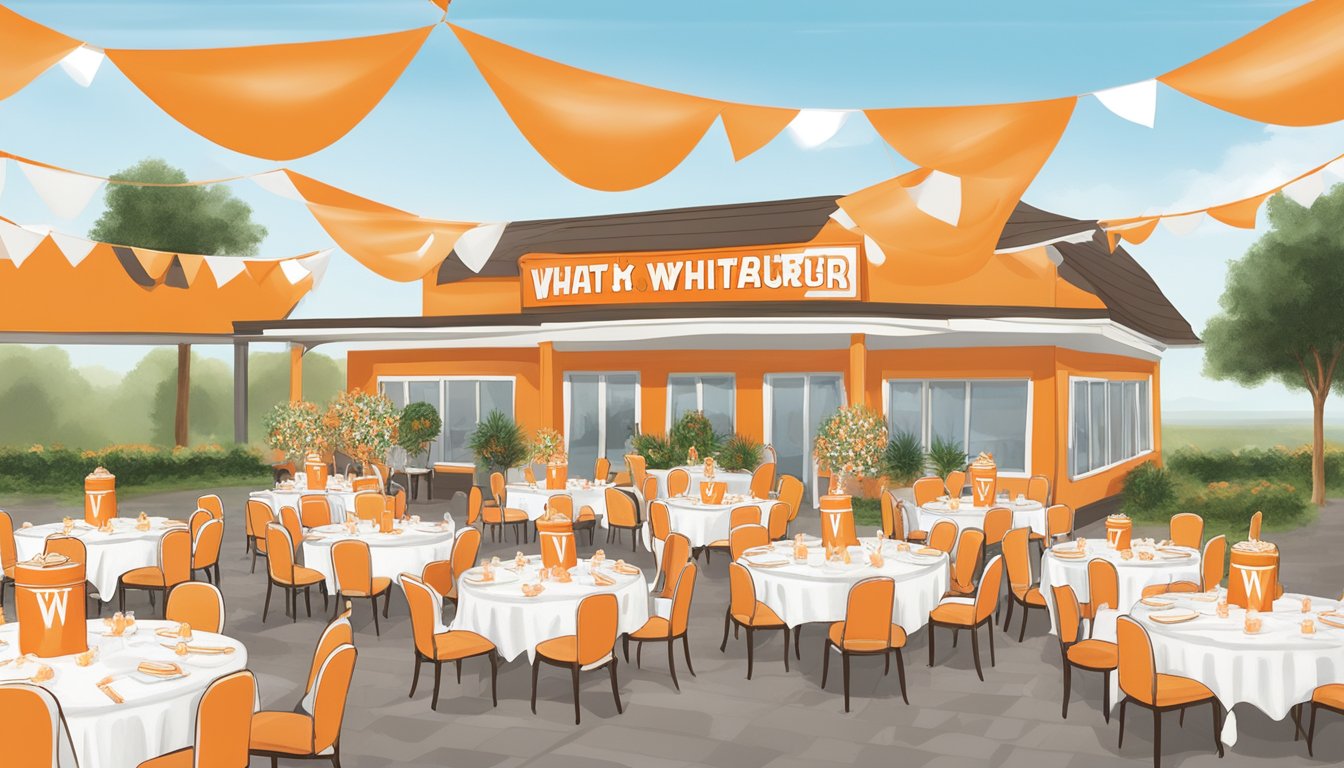 A Whataburger-themed wedding reception with orange and white decor, burger-shaped cakes, and guests wearing Whataburger logo accessories