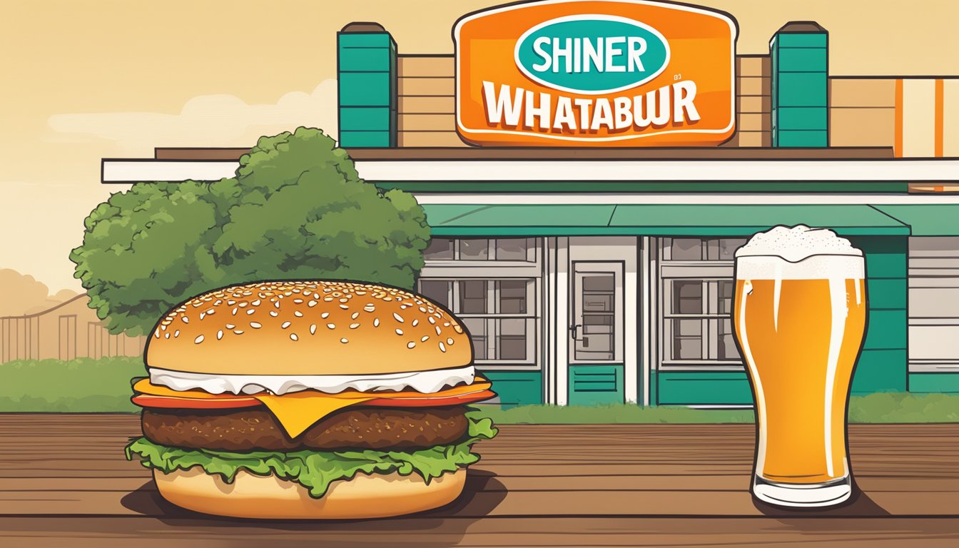 A Whataburger and Shiner beer collaboration: a Whataburger restaurant sign with a Shiner beer bottle and burger on a table