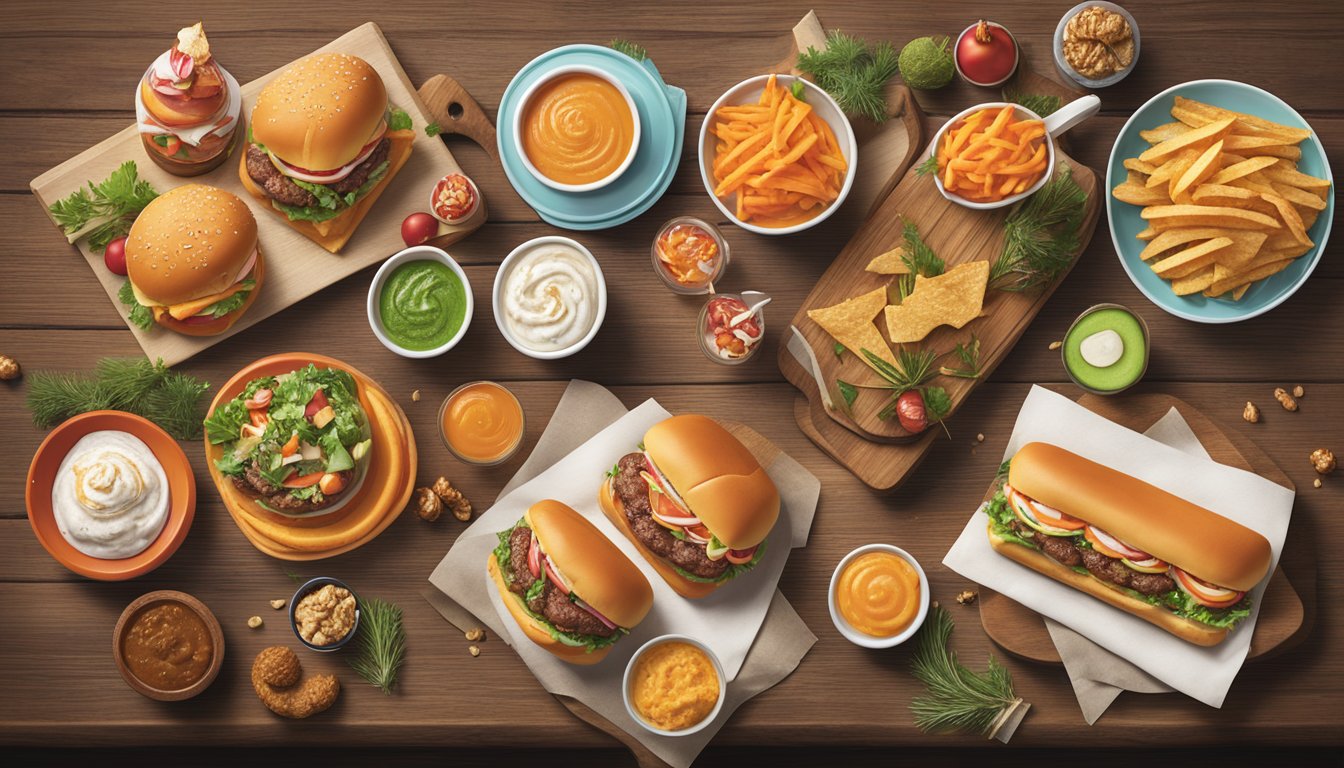 A colorful array of Whataburger's seasonal menu items displayed on a rustic wooden table, surrounded by vibrant fresh ingredients and festive decorations