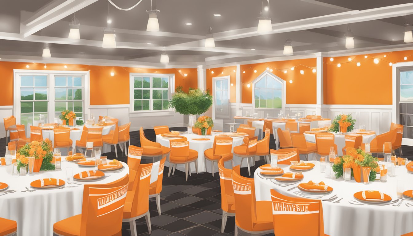 A wedding reception with Whataburger-themed decor, including orange and white color scheme, burger-shaped centerpieces, and custom Whataburger signage