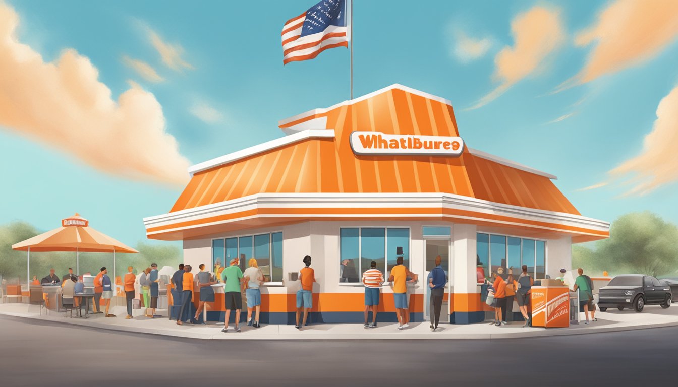 A bustling Whataburger restaurant with a line of excited customers outside, a Texas flag flying proudly in the background