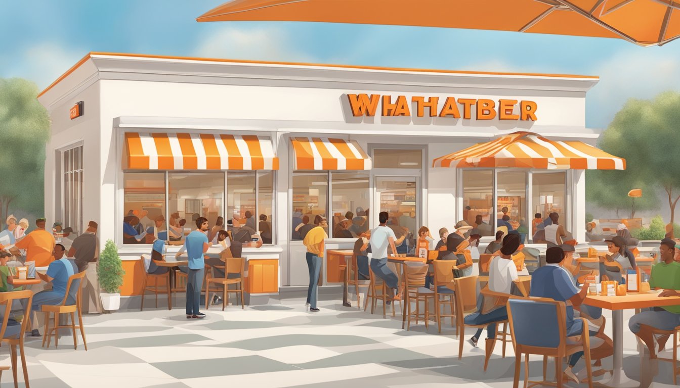 A bustling Whataburger restaurant with customers eagerly ordering and enjoying limited-time seasonal menu items, creating a lively and festive atmosphere