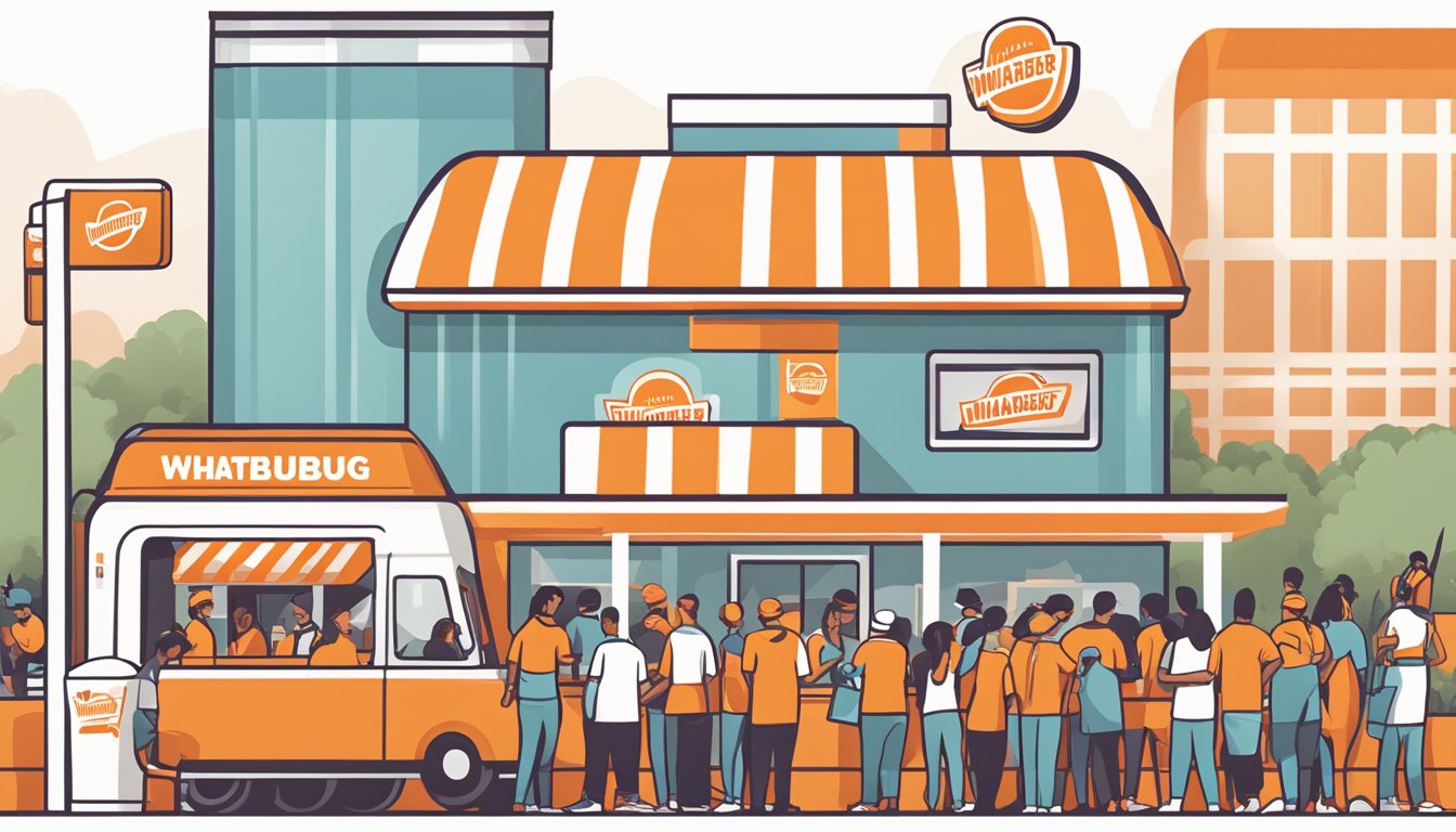 Whataburger's mobile app launch: iconic orange and white branding, burger and fries, smartphone with app icon, excited customers in line