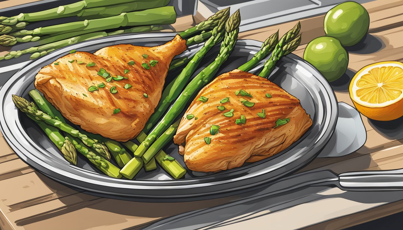 A sizzling grill cooks juicy citrus chicken alongside vibrant green asparagus, creating a mouthwatering HEB Meal Simple dish