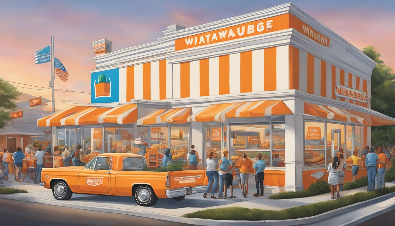 A colorful Whataburger-themed mural by Temi Coker, featuring iconic menu items and brand imagery, draws attention at a bustling holiday event