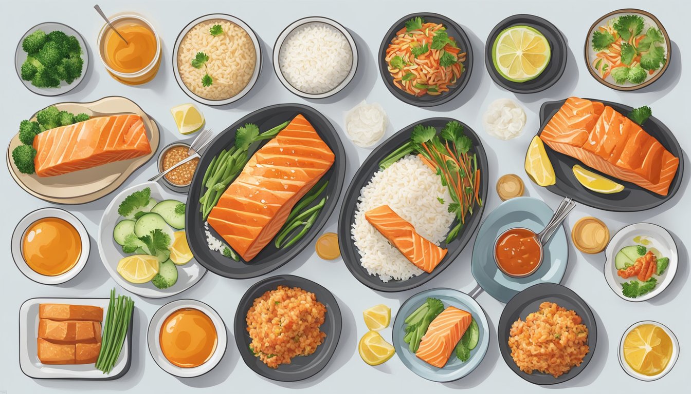 A plate of Honey Sriracha Salmon with rice surrounded by 14 other HEB Meal Simple dishes