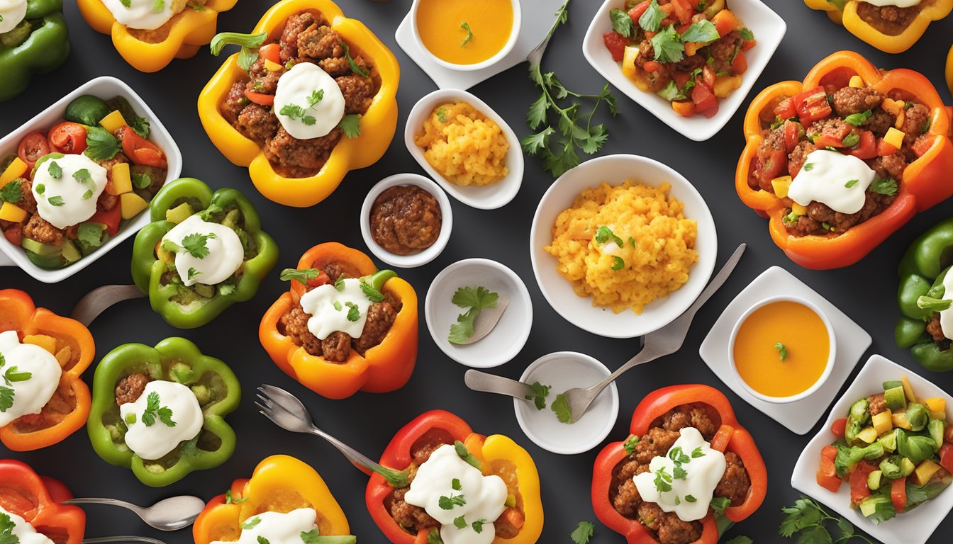 A colorful array of stuffed bell peppers surrounded by other HEB Meal Simple dishes, arranged on a clean white serving platter