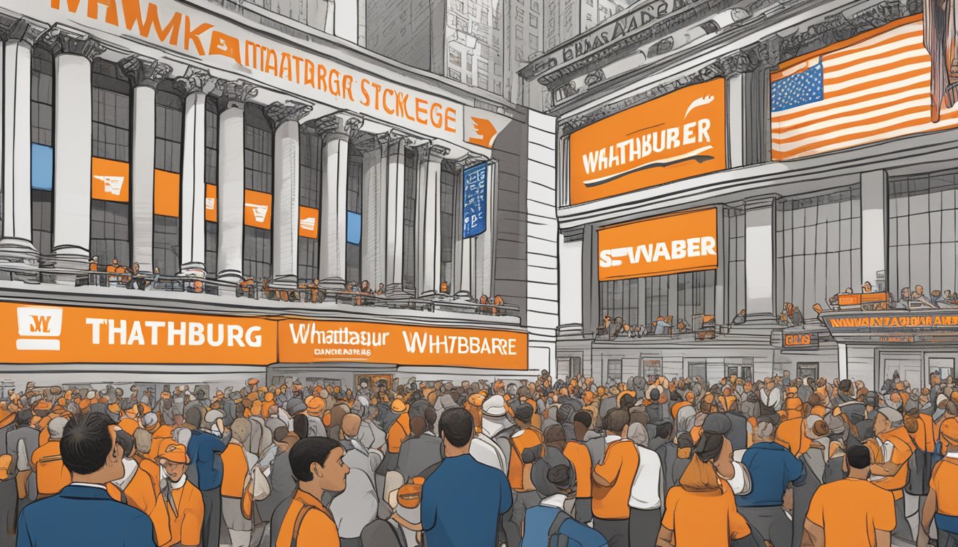 The bustling New York Stock Exchange with iconic Whataburger headlines displayed on screens