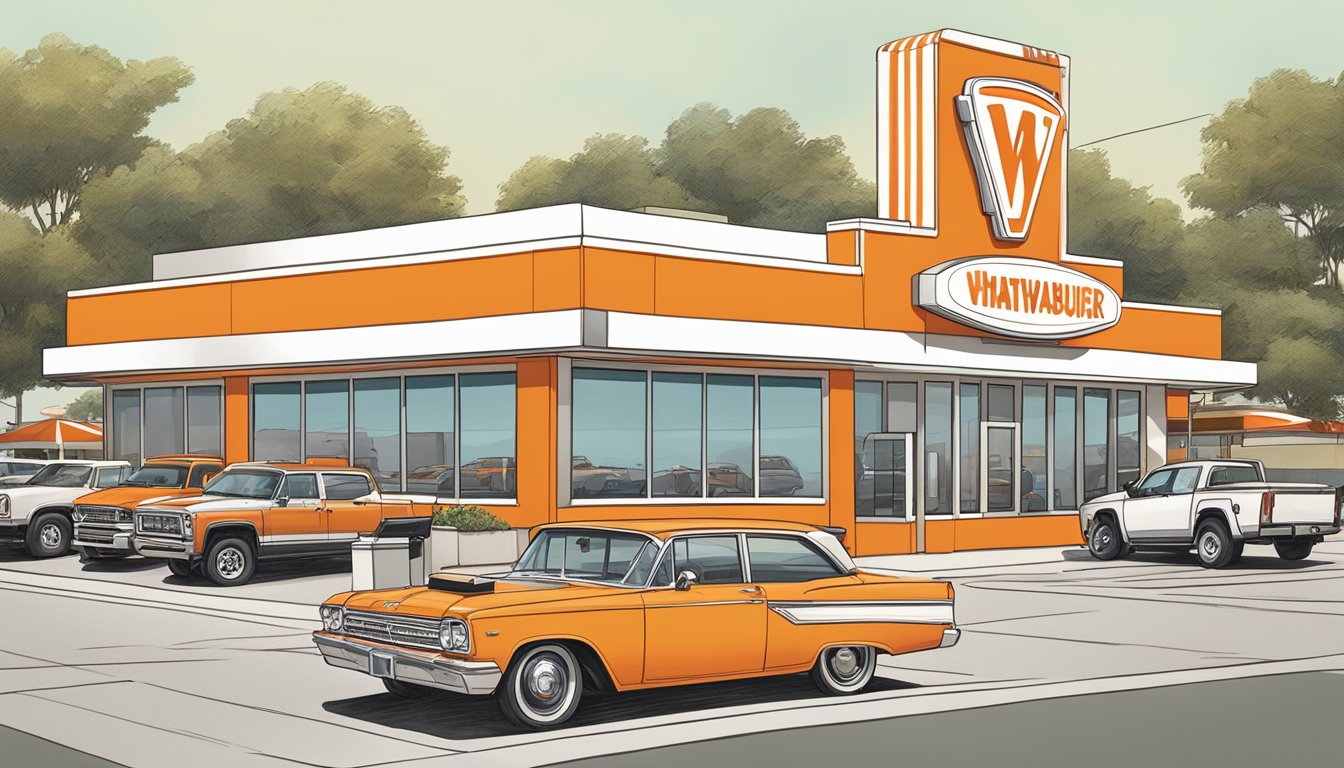 A bustling Whataburger restaurant with a line of cars at the drive-thru, iconic orange and white striped building, and the company's recognizable logo prominently displayed