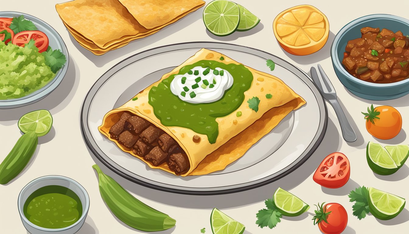 A plate of beef enchiladas with green sauce surrounded by colorful ingredients and garnishes