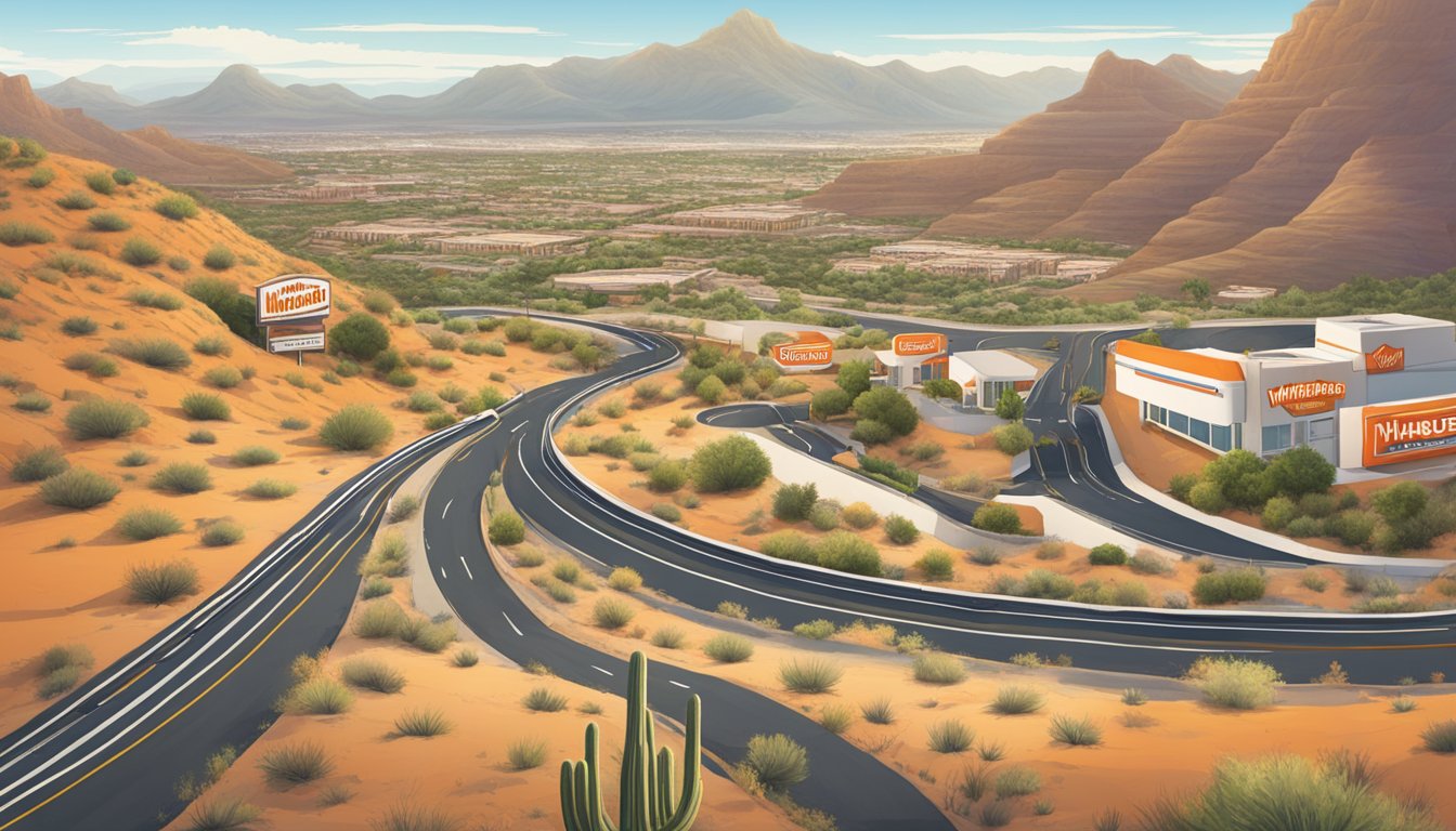 A winding road through desert hills, with 10 Whataburger locations perched on cliffs overlooking the scenic landscape of El Paso, Texas