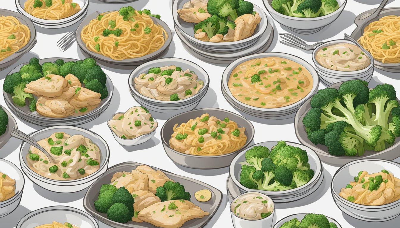 A steaming plate of Chicken Alfredo with broccoli surrounded by 15 HEB Meal Simple dishes