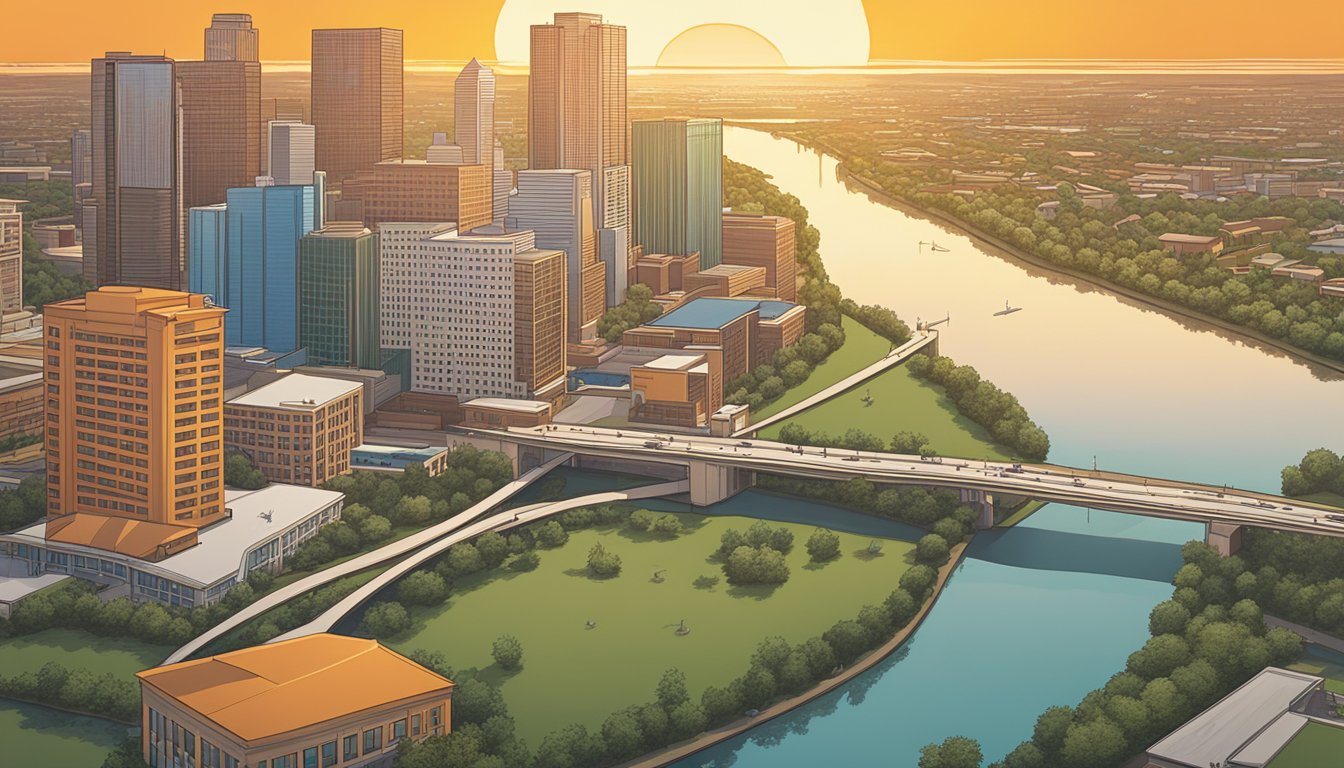 The sun setting over Buffalo Bayou, with 10 Whataburger locations dotting the landscape, offering picturesque views of the Texas skyline