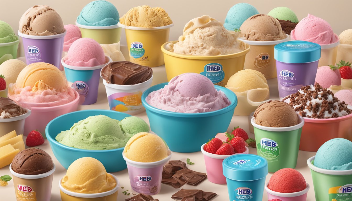 A colorful display of HEB Original Creamy Creations ice cream surrounded by other essential HEB products