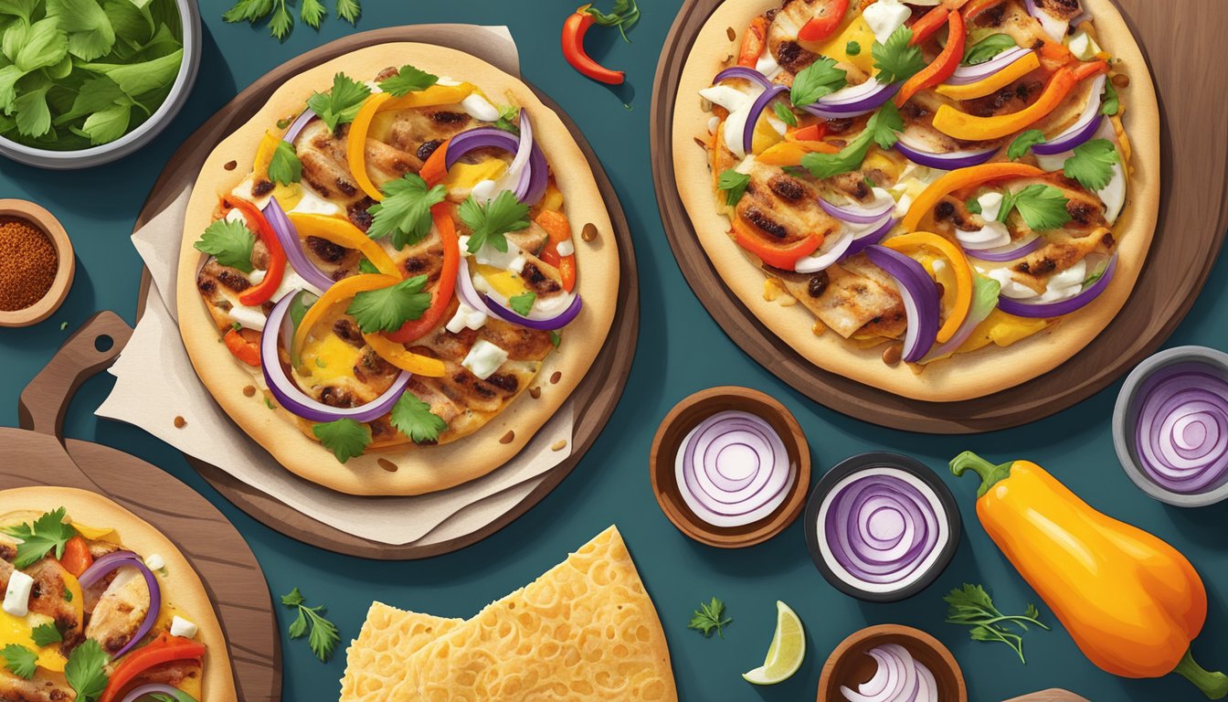 A colorful flatbread topped with grilled chicken, peppers, onions, and melted cheese, surrounded by vibrant Southwestern spices and herbs