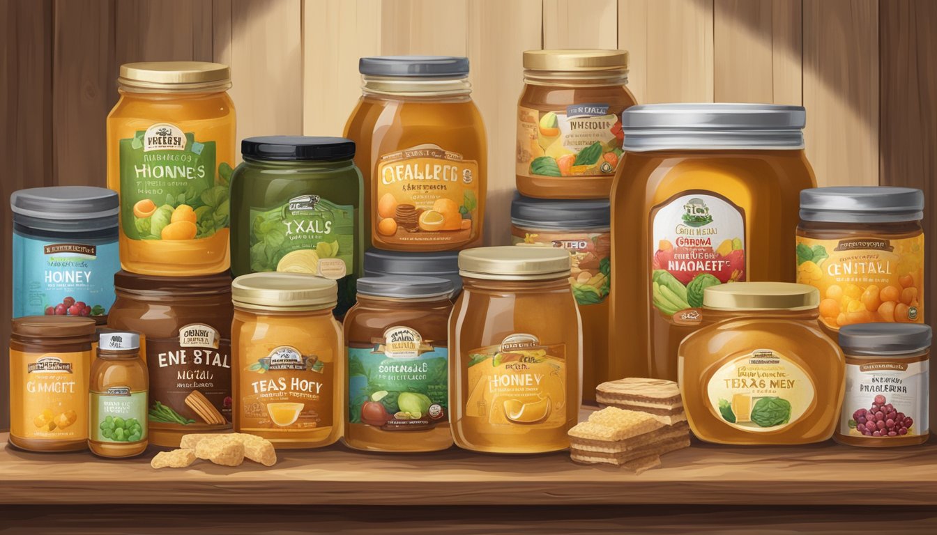 A jar of Central Market Organics Texas Honey surrounded by other top HEB products, such as fresh produce and artisanal goods, displayed on a rustic wooden market stand