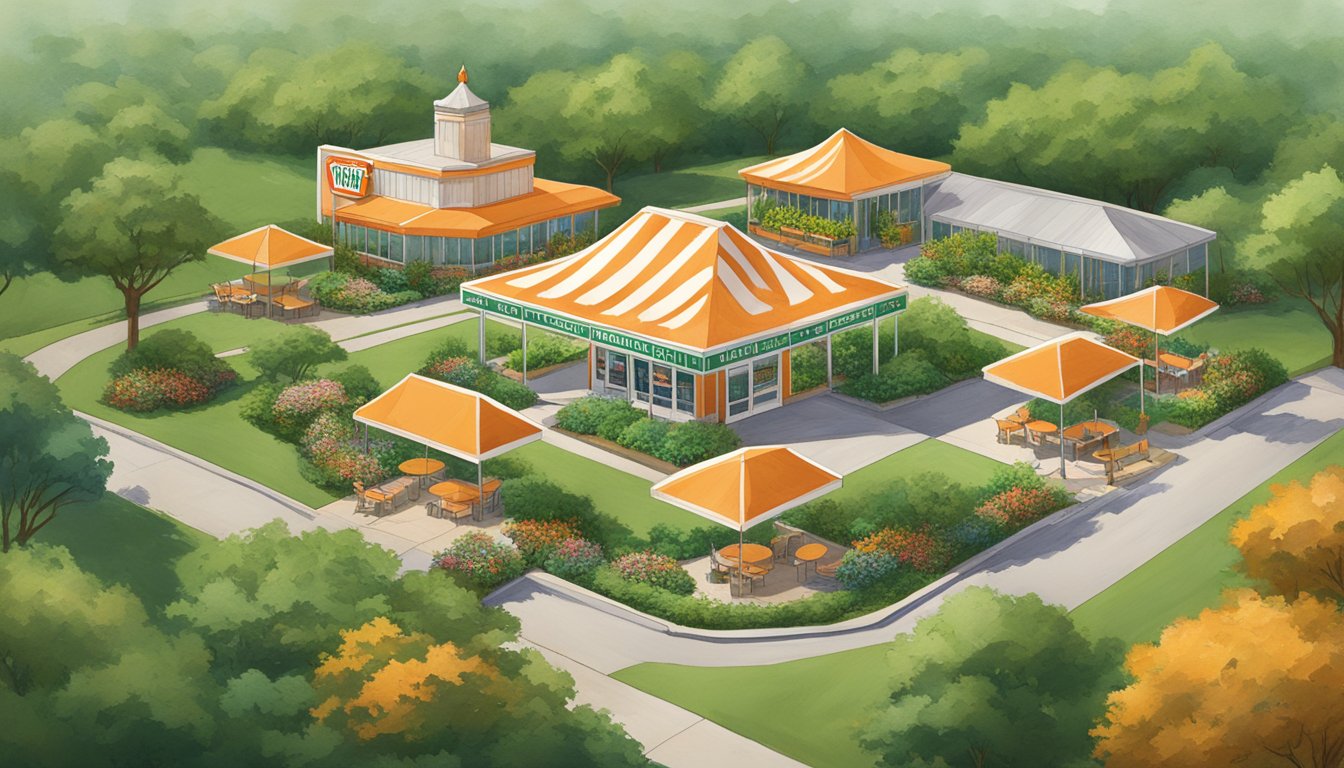 Lush botanical gardens surround a Whataburger with a picturesque view of Texas