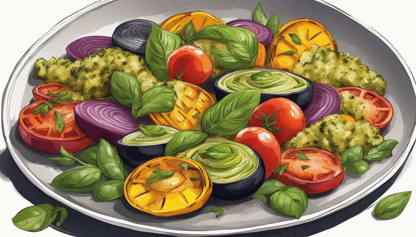 A colorful array of grilled vegetables, drizzled with basil pesto, arranged on a white plate