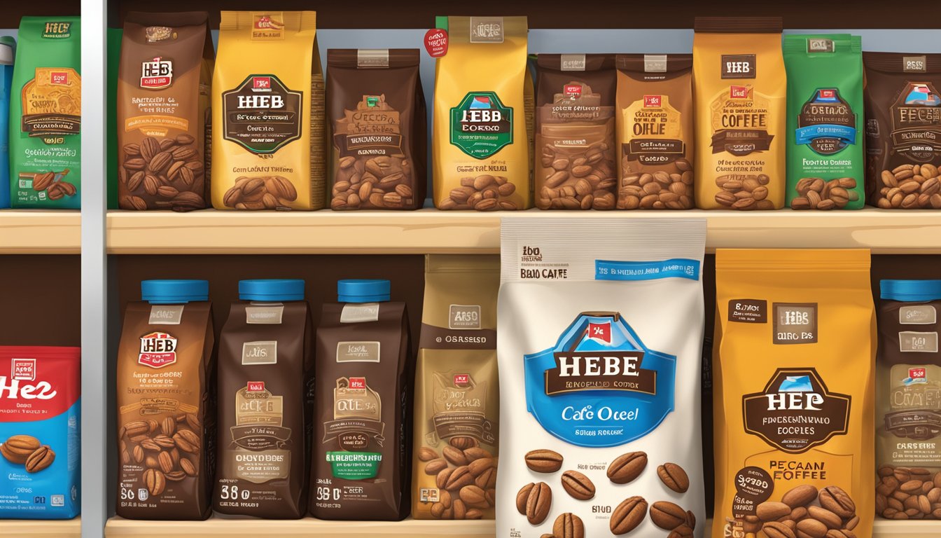 A bag of HEB Cafe Ole Texas Pecan Coffee sits among other top-selling HEB products on a grocery store shelf