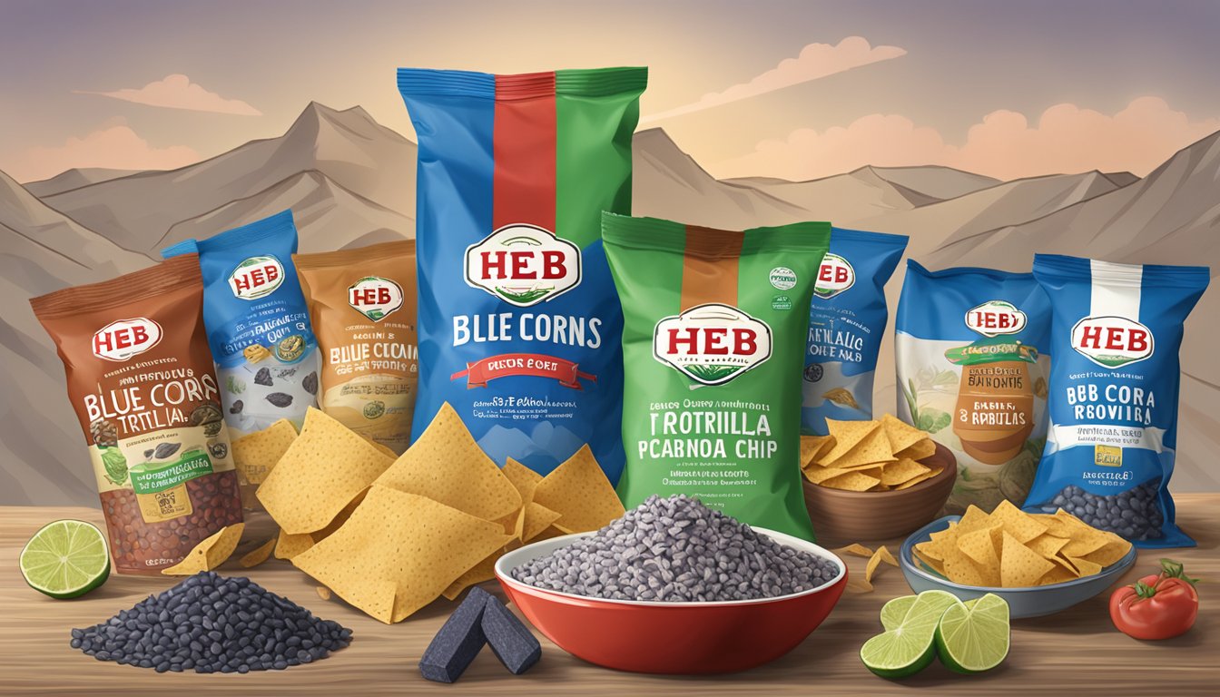 A bag of HEB Organics Blue Corn Tortilla Chips surrounded by other popular HEB products, with the Texas flag in the background