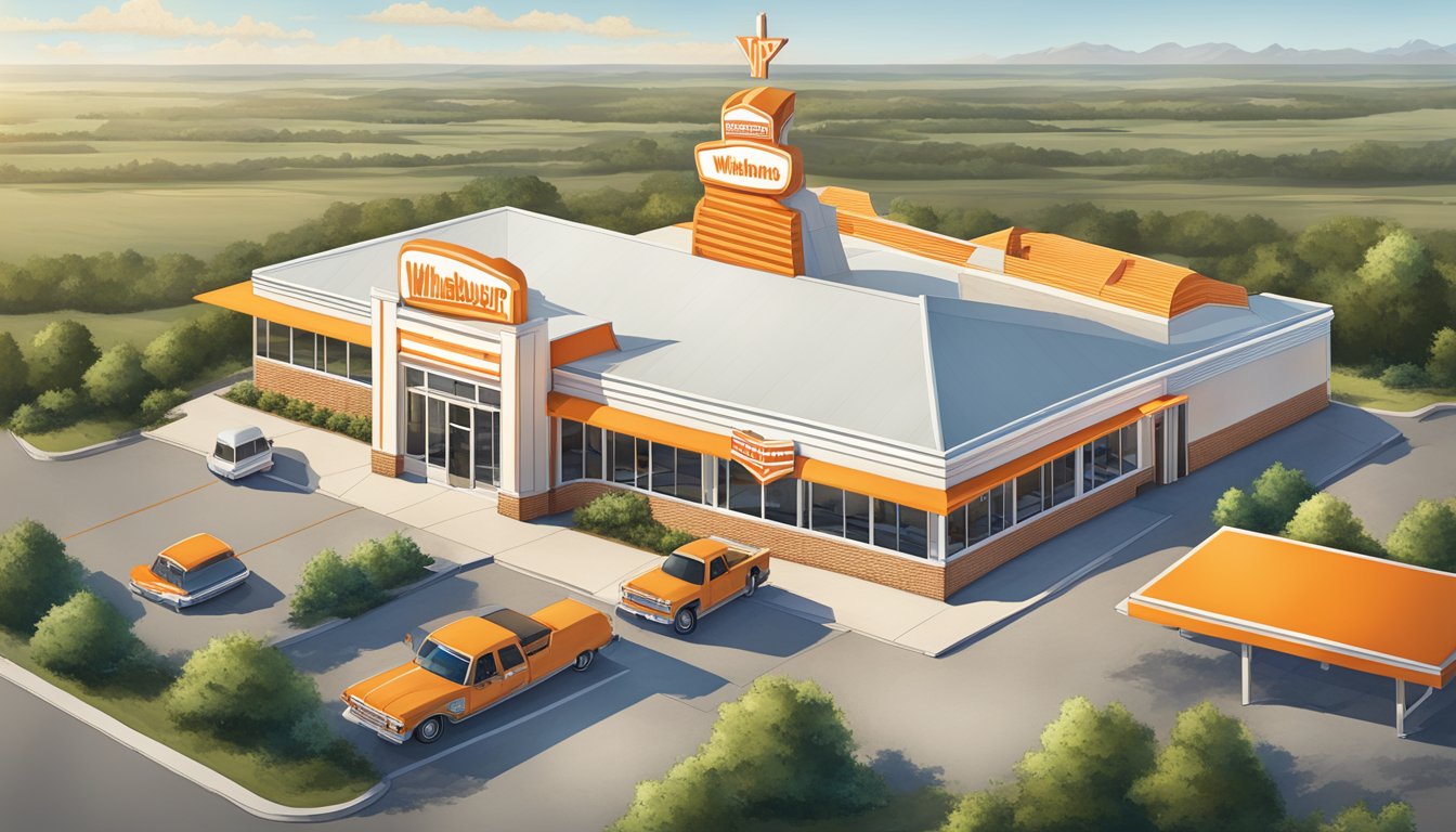 Aerial view of 10 iconic Whataburger locations set against the Texas landscape, showcasing their unique architectural features and scenic surroundings