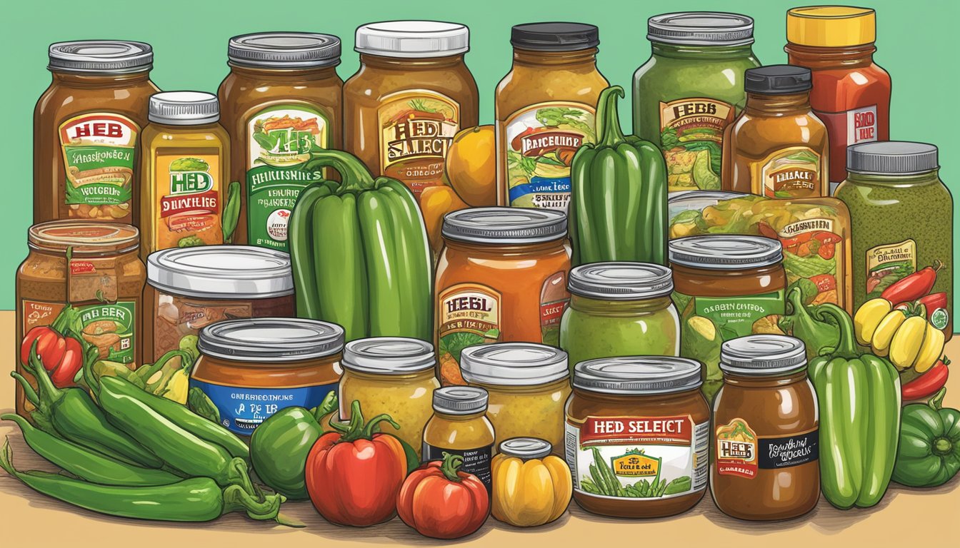 A jar of HEB Select Ingredients Hatch Chile Salsa surrounded by other top 10 HEB products