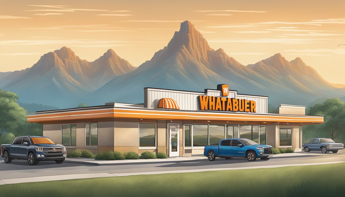 A series of Whataburger locations with scenic views of Texas landscapes, including mountains, rivers, and city skylines