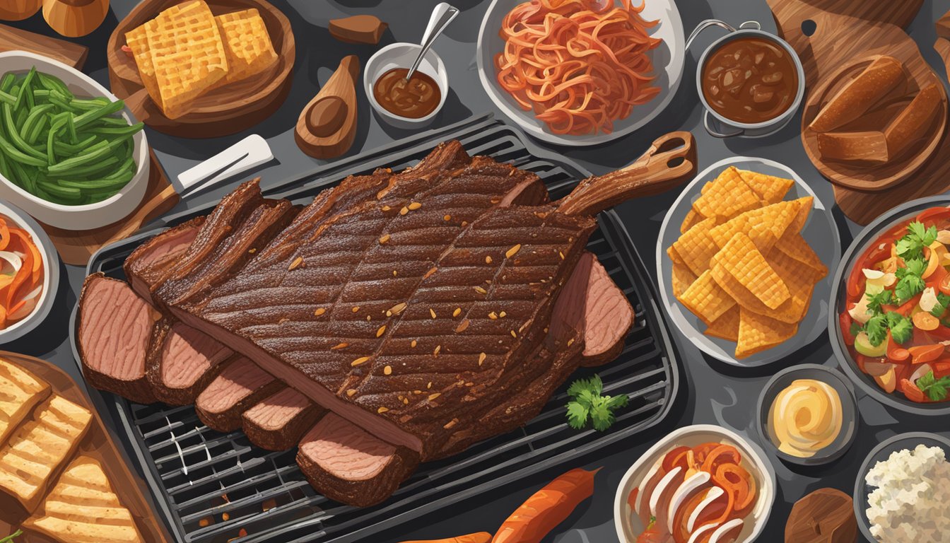 A mouthwatering brisket sizzling on a grill, surrounded by Texan-inspired HEB products