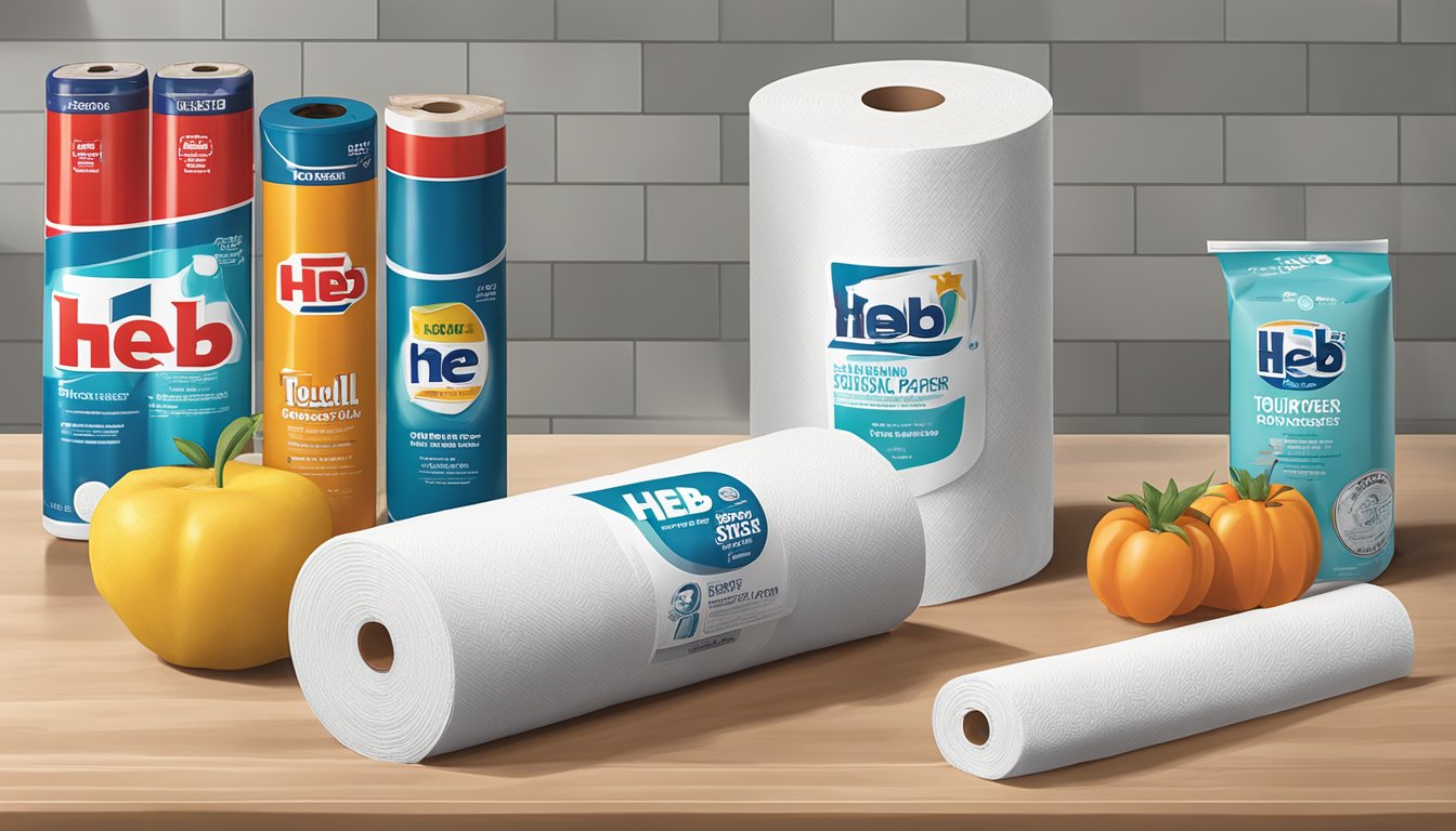 A roll of HEB Texas Tough paper towels placed on a kitchen countertop next to other essential HEB products