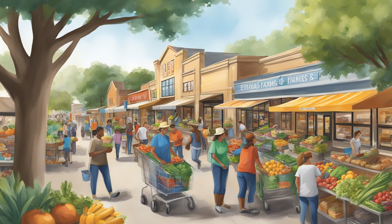 A bustling Texas community with diverse activities and events supported by HEB, including local farmers markets, school programs, and community clean-up initiatives