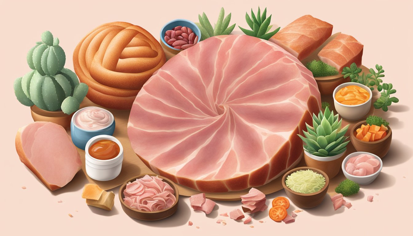 A succulent HEB spiral sliced ham surrounded by other top 10 HEB products, evoking a sense of essential items for Texans