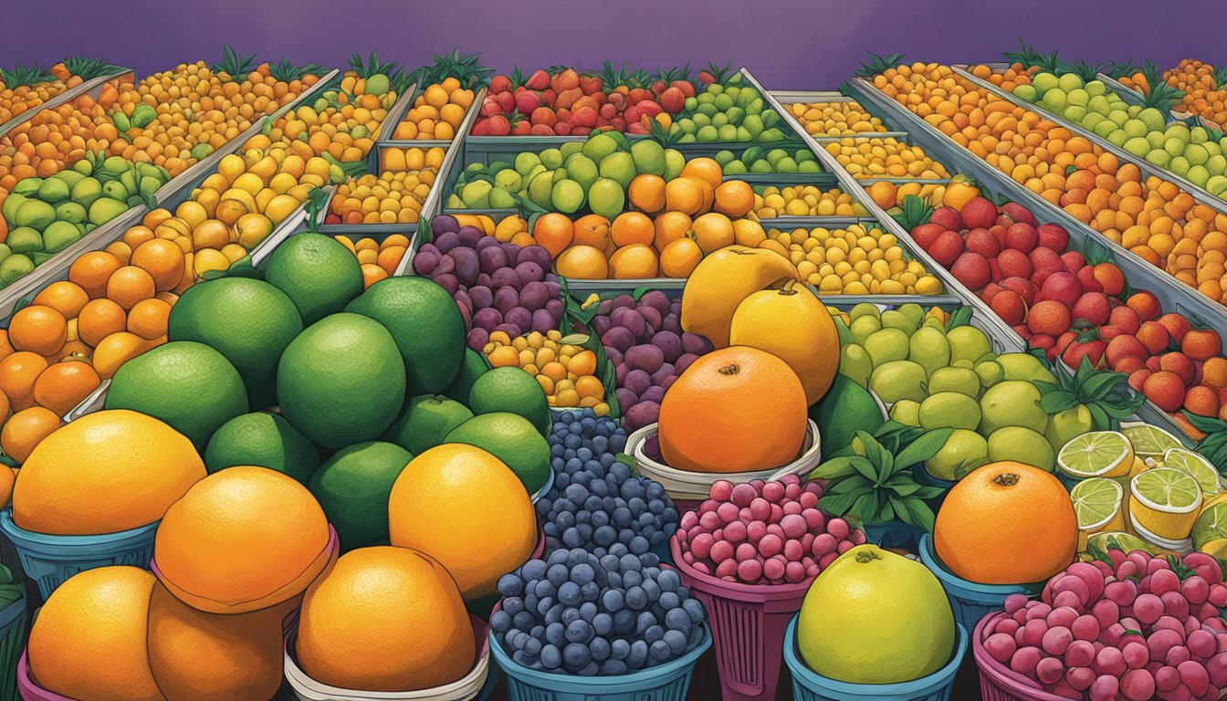 A colorful display of ripe Texas citrus fruits, neatly arranged in HEB's vibrant produce section, showcasing their unbeatable freshness and variety