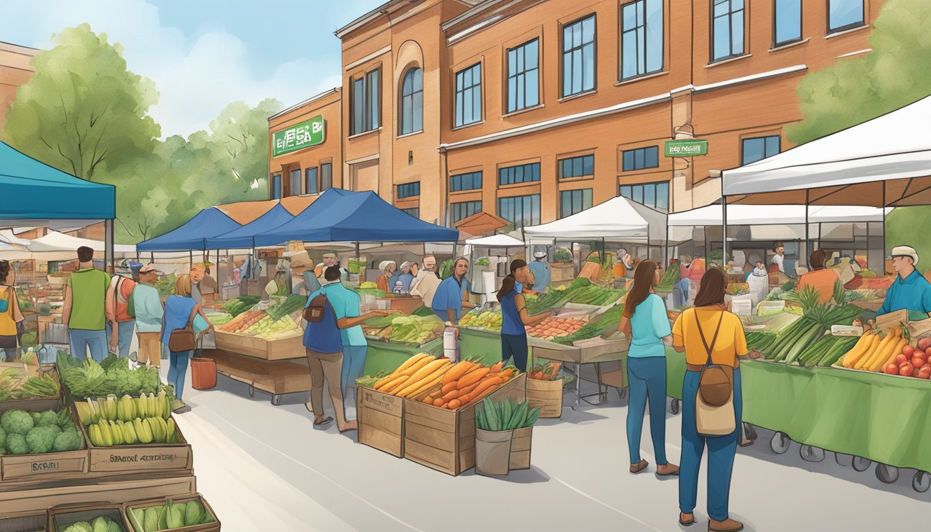 A bustling farmer's market with HEB-branded eco-friendly products on display, surrounded by local vendors and community members