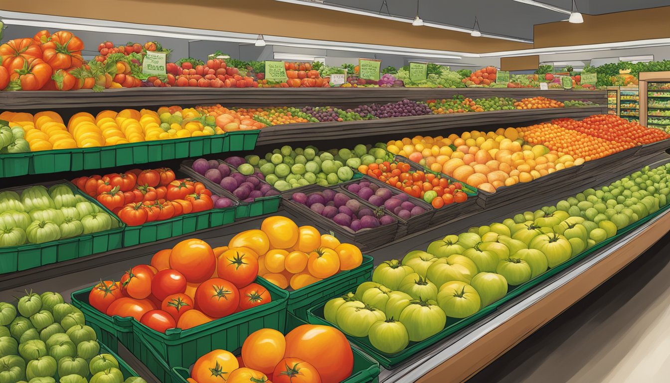 A vibrant display of assorted organic heirloom tomatoes at HEB's produce section, showcasing their unbeatable selection and quality