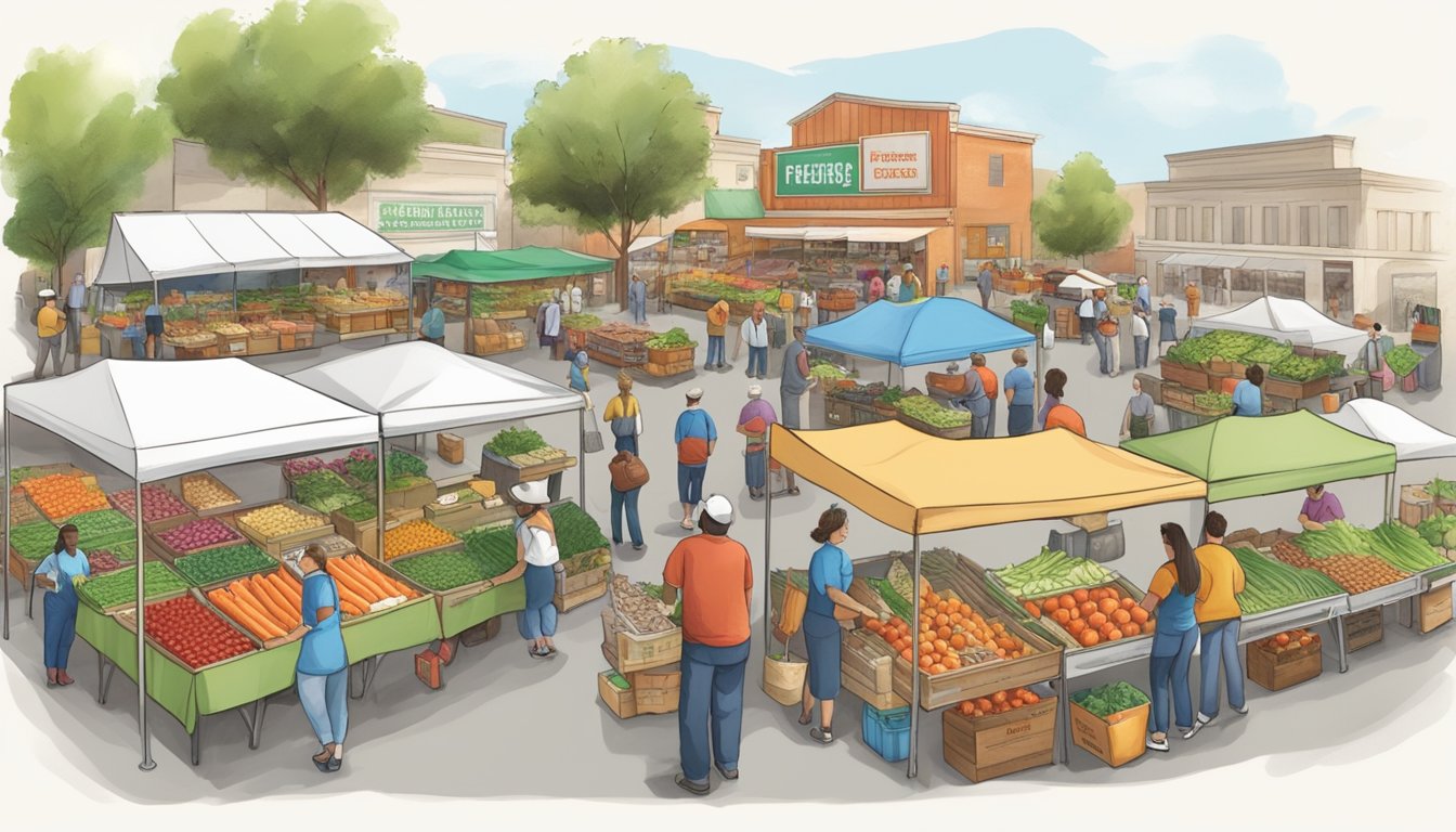 A bustling farmers market with vendors selling fresh produce, a local food bank receiving donations, and HEB employees volunteering in the community