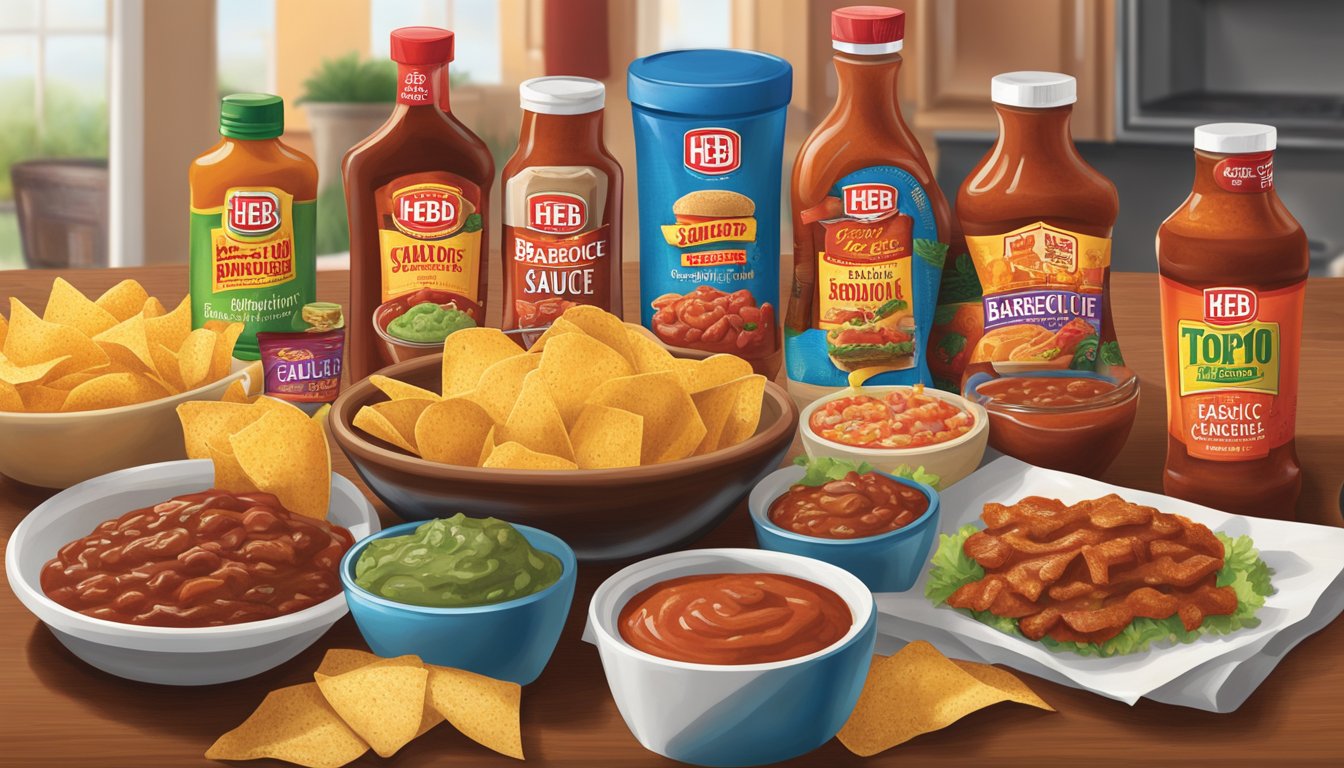 A colorful display of HEB's top 10 products, featuring iconic Texan favorites like barbecue sauce, salsa, and chips, arranged in an eye-catching and enticing manner