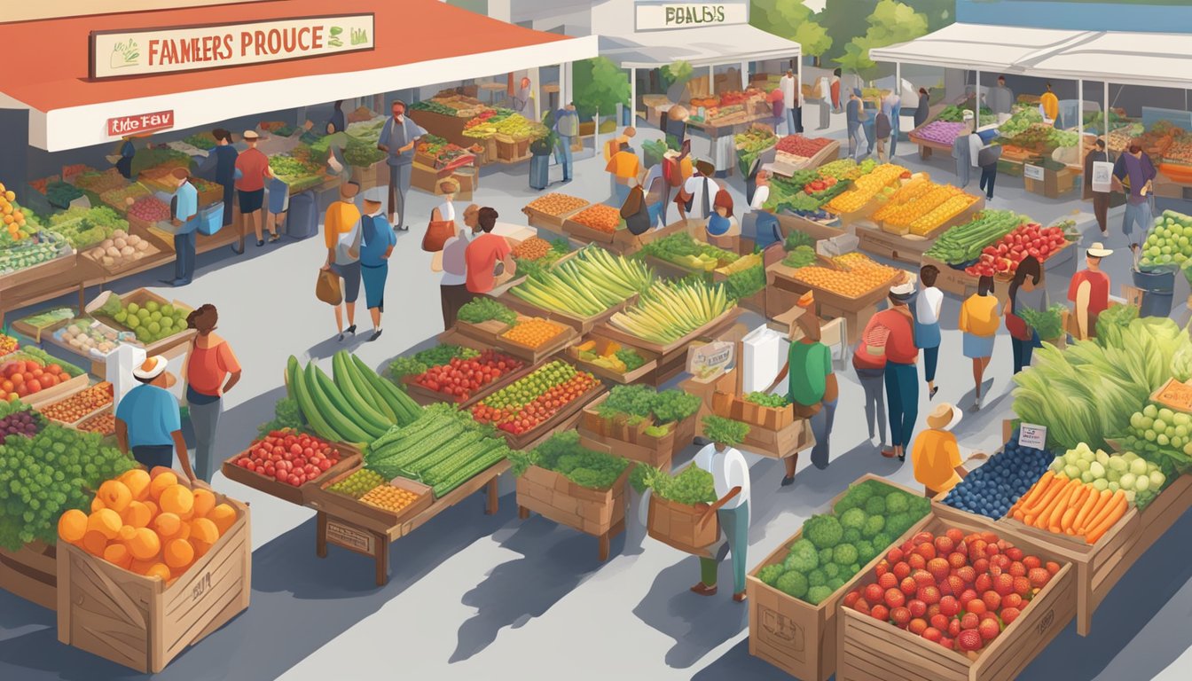 A bustling farmers' market with colorful produce stalls and signs advertising exclusive deals on HEB's unbeatable produce section