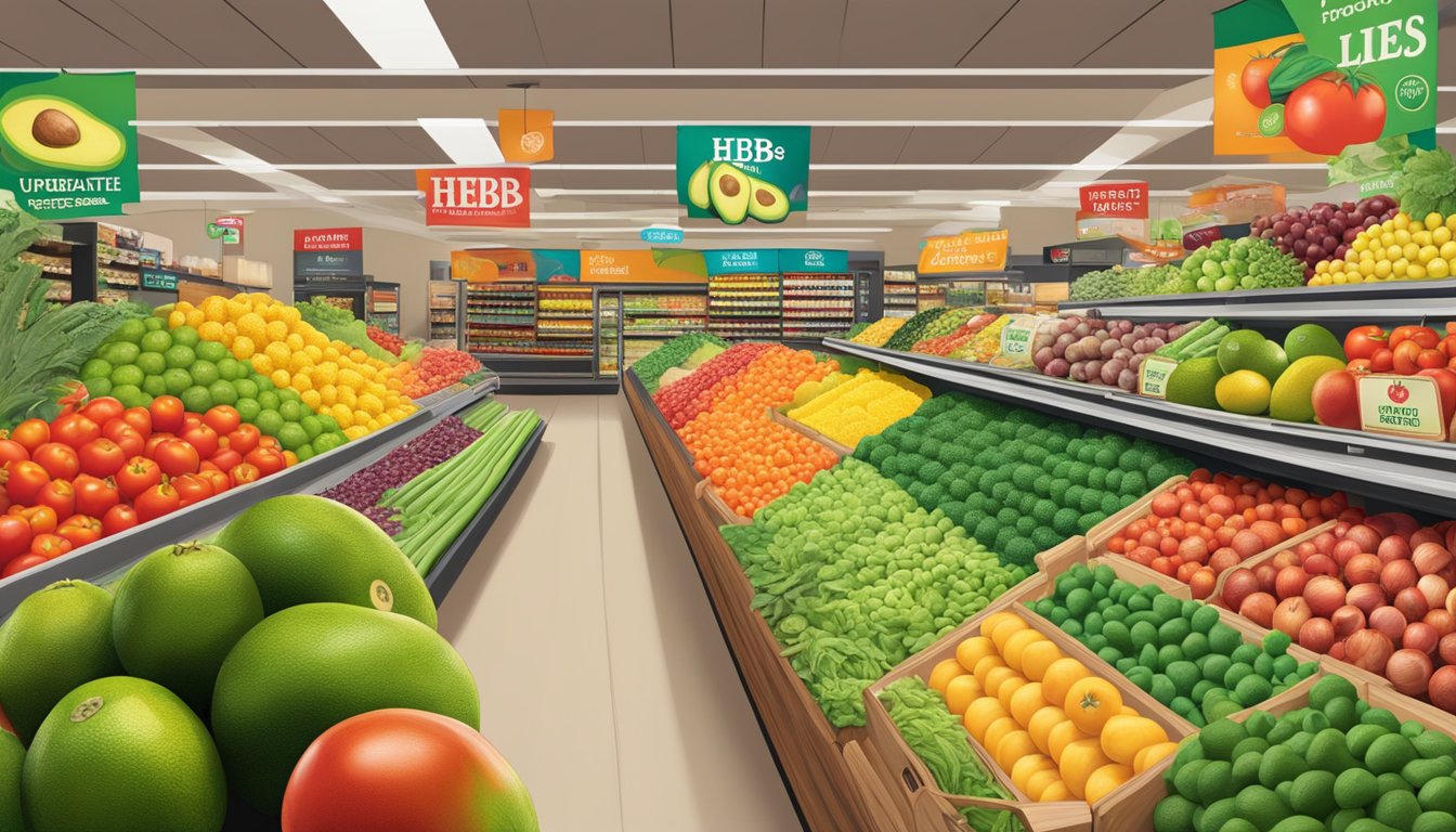 A vibrant display of ripe avocados, tomatoes, onions, and limes, surrounded by colorful signage promoting HEB's unbeatable produce section