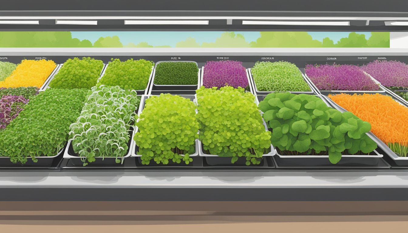 A vibrant display of local microgreens in HEB's produce section, showcasing a variety of colors and textures