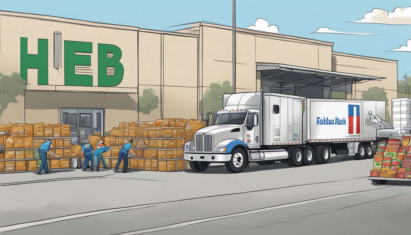 HEB trucks unloading food at a Texas food bank