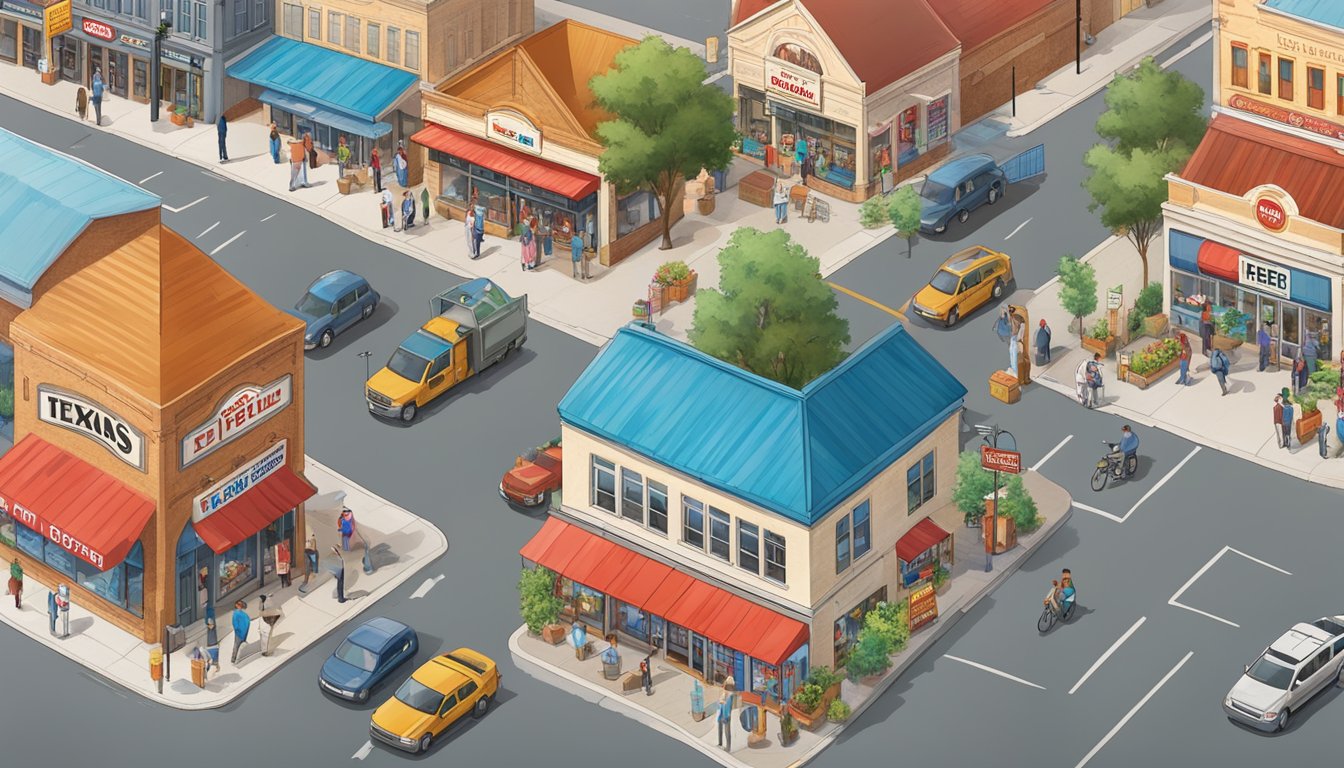 A bustling Texas town with HEB storefronts, surrounded by local businesses, schools, and community centers receiving support and engagement from the grocery chain