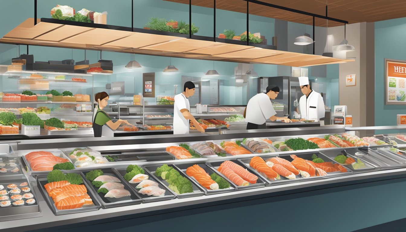 A bustling sushi bar inside a modern HEB store, with a variety of fresh fish and colorful ingredients on display