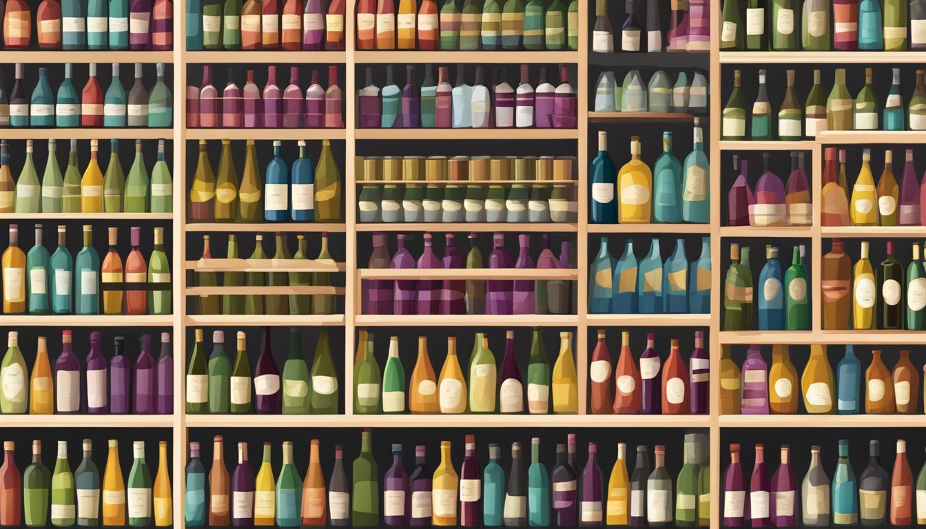 A row of shelves filled with colorful wine bottles, surrounded by helpful store features for easy shopping