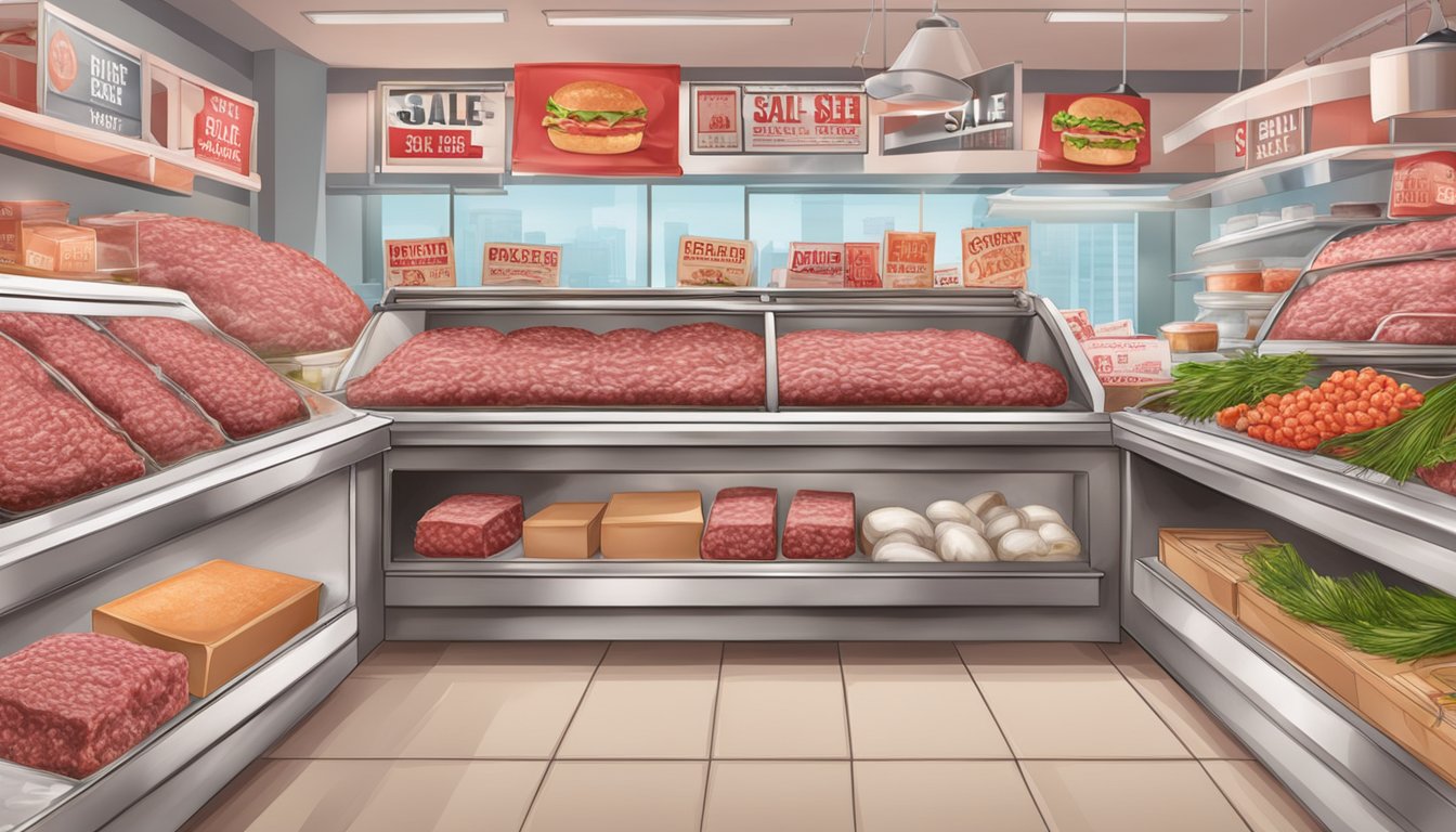 A butcher's counter with packages of ground beef and sale signs