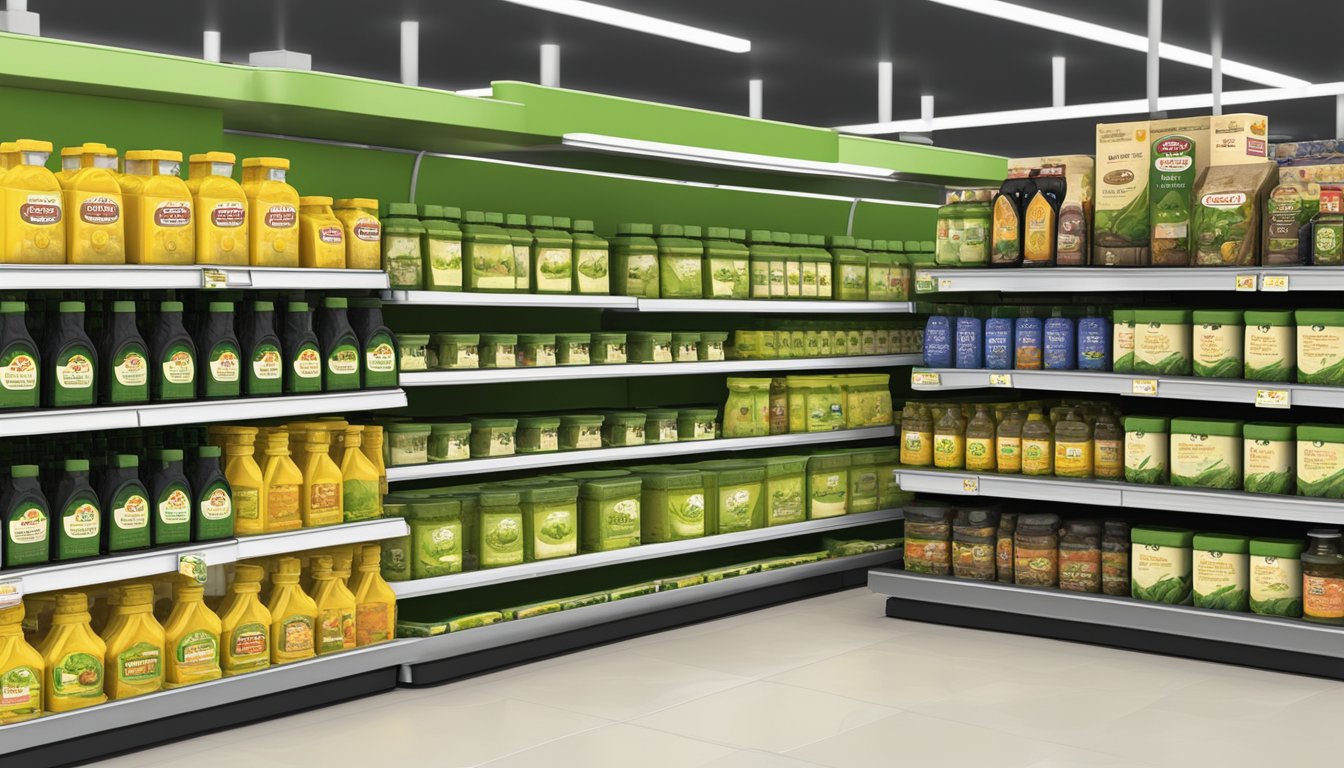 A display of HEB private label products, including Central Market Organics Extra Virgin Olive Oil, stands out among name brand items on a grocery store shelf