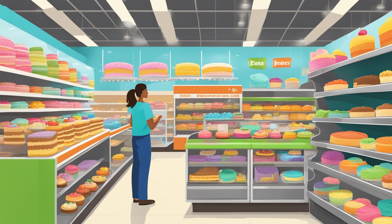 A display of customizable cakes at an HEB store, with bright, organized shelves and helpful staff assisting customers