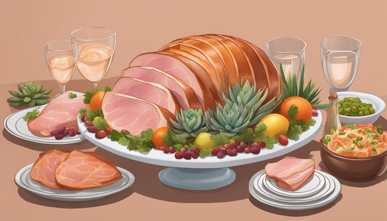 A festive dinner table with a succulent spiral sliced ham as the centerpiece, surrounded by various HEB Combo Loco deal items