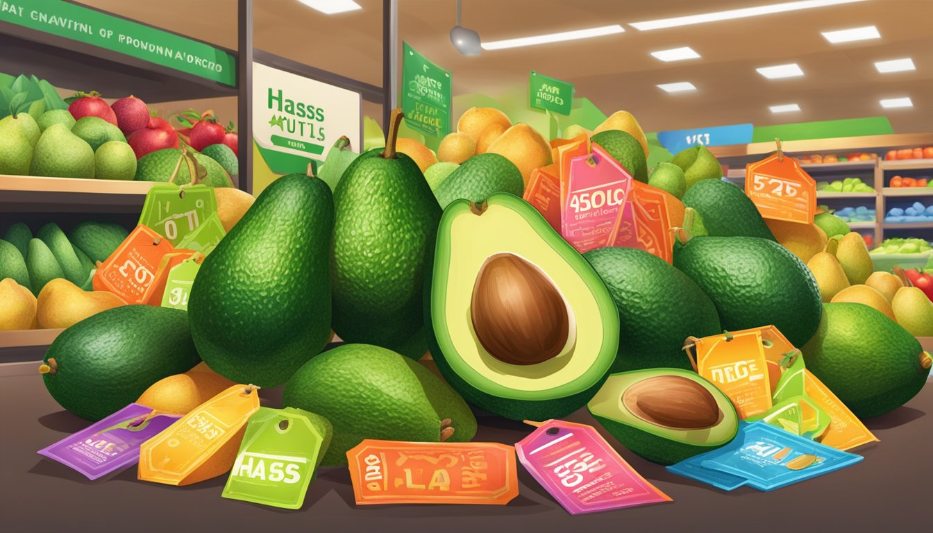 A pile of large Hass avocados surrounded by colorful price tags and promotional signs, with a vibrant and inviting display of fresh produce