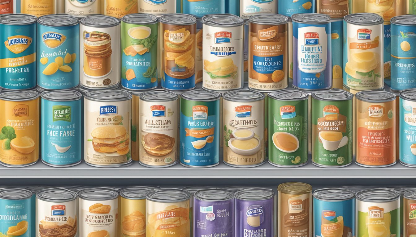 A can of Hill Country Fare Sweetened Condensed Milk surrounded by 20 HEB private label products, all arranged neatly on a shelf