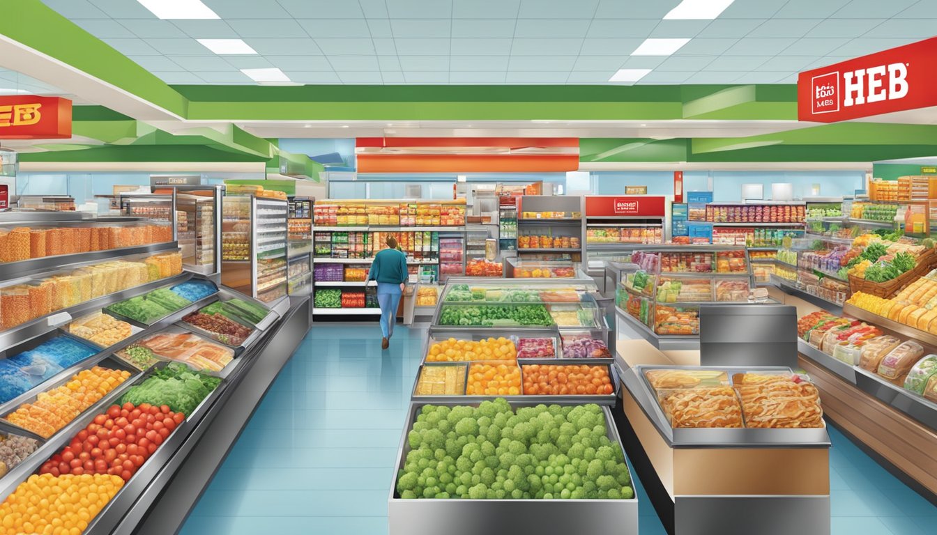 A busy HEB store with colorful meal deal displays and convenient features for easy shopping